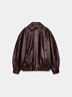 Zara Dark Brown Oversized Faux-Leather Bomber Jacket